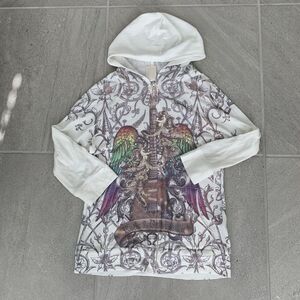 Y2K White Hoodie Emo Rainbow Guitar Graphic Art Size M